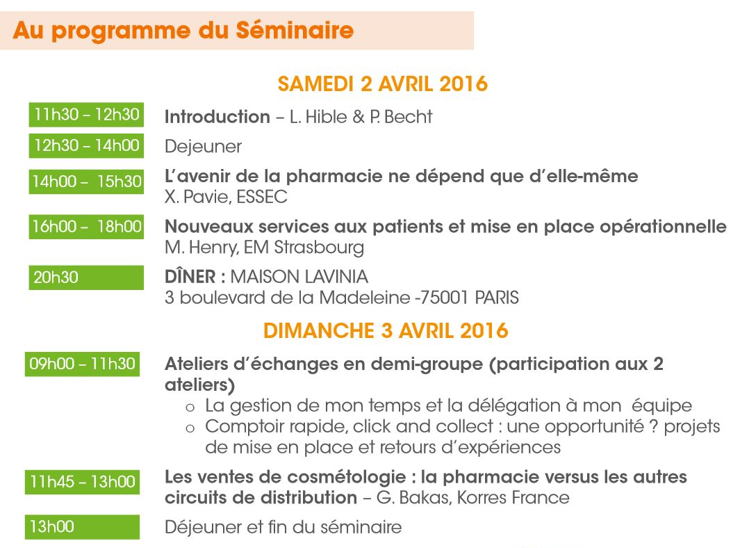 programme séminaire Pharm'xl 2 et 3 avril 2016 16 boulevard Haussmann 75009 Paris